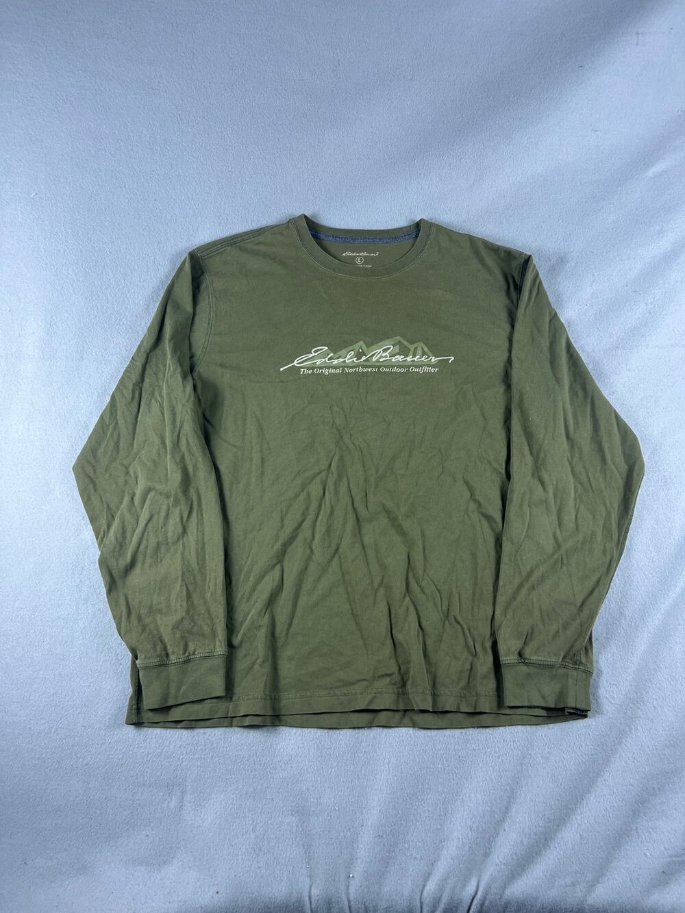 Eddie Bauer T-Shirt Mens L Green Long Sleeve Crew Neck Graphics Print Casual Tee